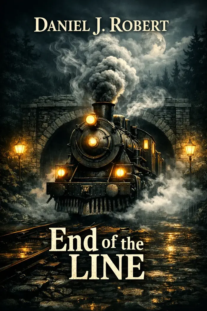 End of the Line by Daniel J. Robert — a steam train emerging from a stone tunnel at night